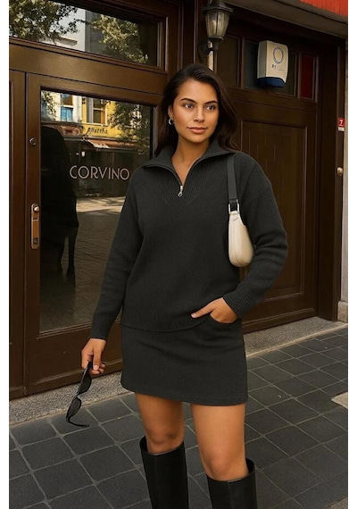 Fashion Friends 24k0373k1 Kadın Yakası Fermuarlı Sweat Antrasit