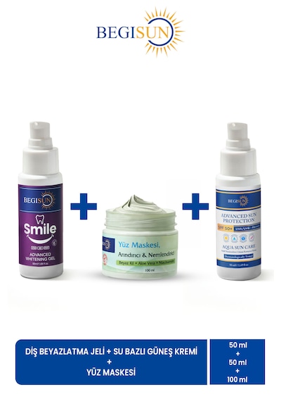 Begısun 3'lü Kişisel Bakım Seti - Diş Beyazlatma Jeli 50 Ml + Yüz Maskesi 100 Ml + Spf 50+ Güneş Kremi 50 Ml