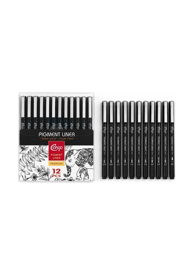 12'li Pigment Liner Teknik Çizim Kalemi Seti Eskiz, Mimari Çizim Ve İllüstrasyon Seti, Suya Dayanıklı Siyah M Genel