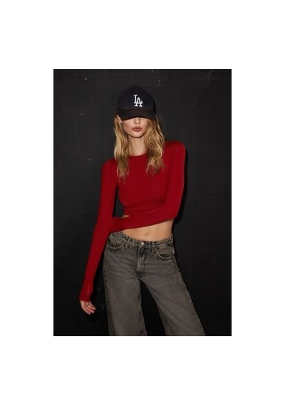 12storeez Esnek Uzun Kollu Kırmızı Kadın Crop Üst Modelleri İle Stil Acı kahve