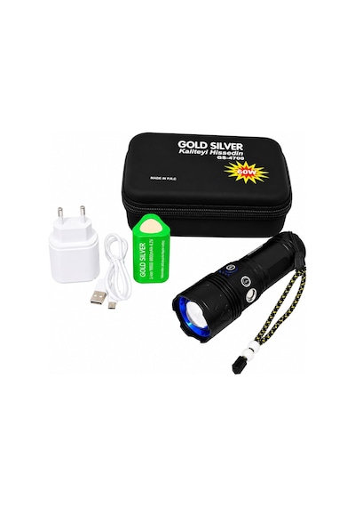 Gold Sılver Gs-4700 Şarjlı El Feneri, Usb Type-c Şarjlı, 18650 Pilli, Cob Yan Işık, Zoomlu Led El Feneri, 5 Aydınlatma Modu, Alüminyum Gövde, Kamp Balıkçılık Acil Durum 3200k