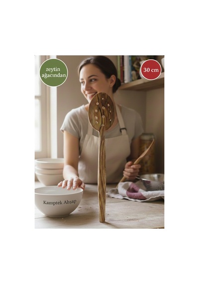Kamptek Ahşap - %100 Doğal Zeytin Ağacı Delikli Mutfak Kaşığı 30 Cm Ahşap