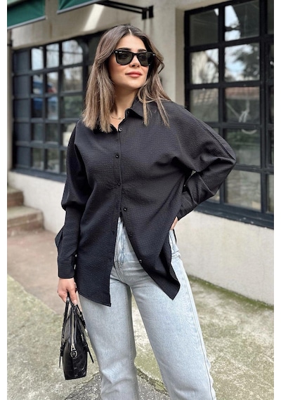 WeShaya Kadın Siyah Basic Model, Gofre Kumaş, Salaş Gömlek Siyah