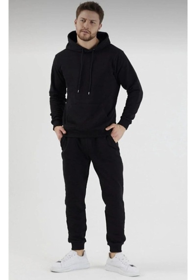 Hırsch Kapüşonlu Siyah Eşofman Takımı Unisex Oversize 2 Iplik Siyah