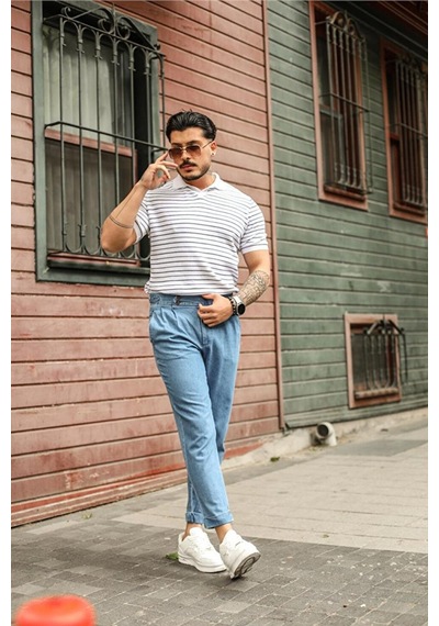 Cool Tarz Çizgili Polo Yaka T-shirt Beyaz Mat Beyaz Mat Beyaz