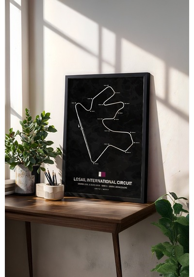 Losail F1 Pisti Ahşap Çerçeveli Tablo Katar Gp Dekor Poster Siyah