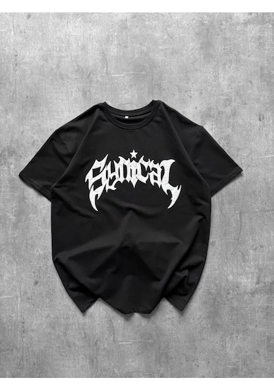 Vexor Bisiklet Yaka Ön Baskılı Kısa Kollu Tişört Streetwear Günlük Basic Pamuklu T-shirt - Siyah