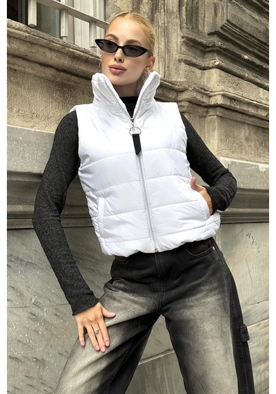 Veraura Lifestyle Beyaz Sırtı Taş İşlemeli Dik Yaka Kısa Şişme Yelek