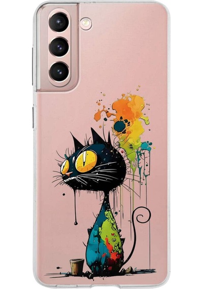 Samsung Galaxy S21 İle Uyumlu Splash Kedi Tasarımlı Şeffaf Silikon Kılıf Şeffaf
