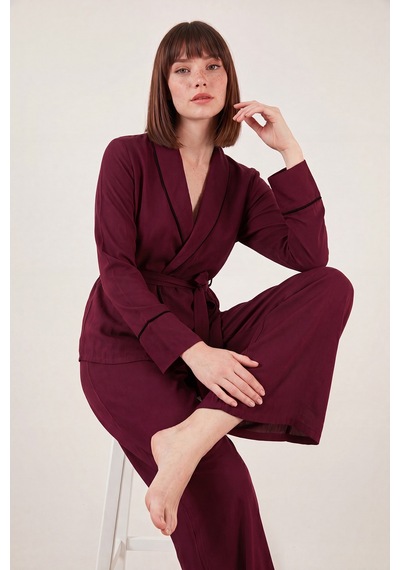 Lela Yumuşak Dokulu Dökümlü Geniş Paça Kruvaze Pijama Takımı Bayan Pijama Takımı 611pt1990 Bordo-siyah