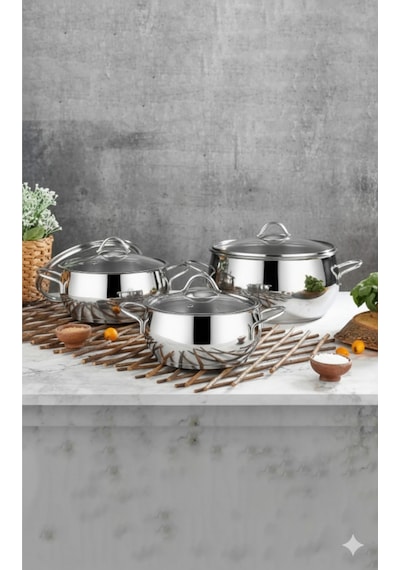 Polochef Pro Line 18/10 Paslanmaz Çelik Kulplu Derin Tencere Seti Çorba Tencere Seti 8 Parça 18-20-22-24cm Gümüş