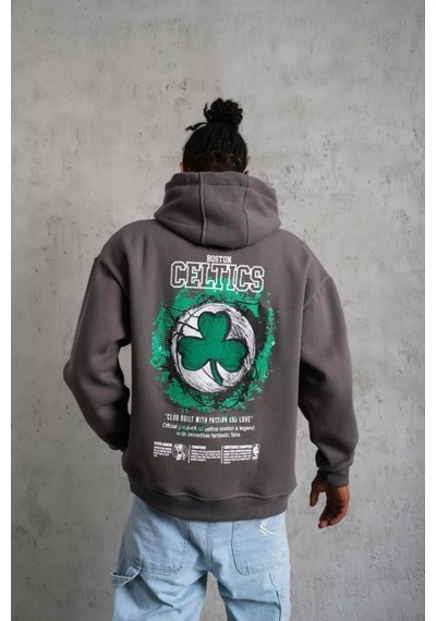 Mbb E-ticaret Erkek 3 İplik Pamuklu Kapüşonlu Baskılı Cepli Oversize Sweatshirt Hoodie - Gri