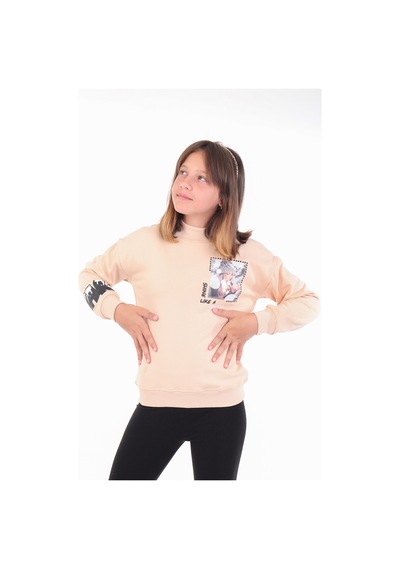 Toontoy Kız Çocuk Baskılı Nakışlı Sweatshirt Bej