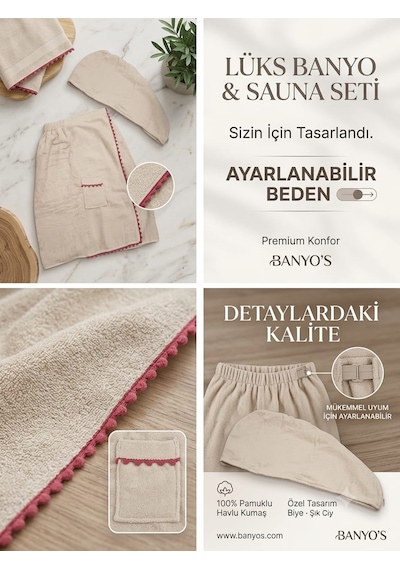 Lüks 2'li Banyo Ve Sauna Seti Ayarlanabilir Gövde Havlusu Ve Saç Bonesi, %100 Pamuklu, Premium Kurulama Seti S M L Xl Bej