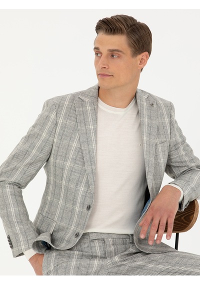Cacharel Gri Slim Fit Yün Karışımlı Ekose Takım Elbise
