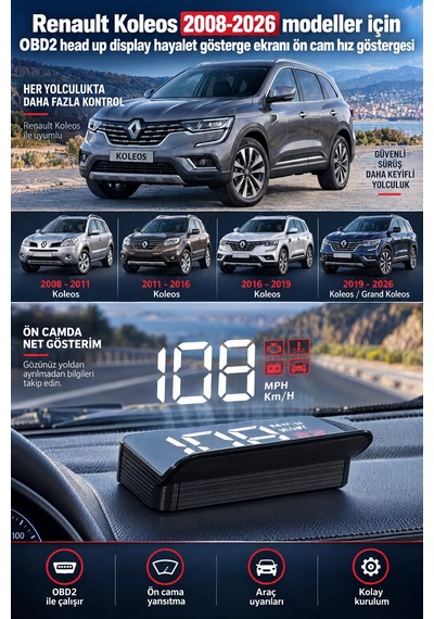 Renault Koleos 2008-2026 Modeller İçin Obd2 Head Up Display Hayalet Gösterge Ekranı Ön Cam Hız Göstergesi