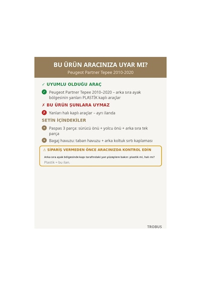 Peugeot Partner Tepee 2010-2020 Arka Yan Plastik 8d Çift Katmanlı Paspas + Bagaj Havuzu Seti Bej