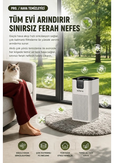 Ezere Pureair Akıllı Hava Temizleyici Hepa Filtreli Negatif İyon Hava Arıtıcı- 5775 Renk: Beyaz