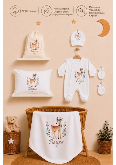 Pia Baby İsme Özel Hastane Çıkışı %100 Pamuk Kız Bebek Organik Baskılı Tulum Set Keseli Hediyelik 2036tybk3x Krem