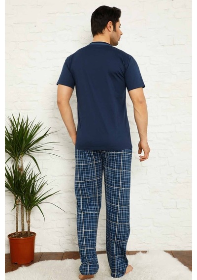 Farya Home Dreamy Ekoseli Kısa Kollu V Yaka Cepli Erkek Pijama Takımı İndıgo İndigo