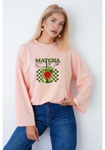 Medinenur Kadın Matcha Baskılı Oversize Geniş Kollu Body Somon
