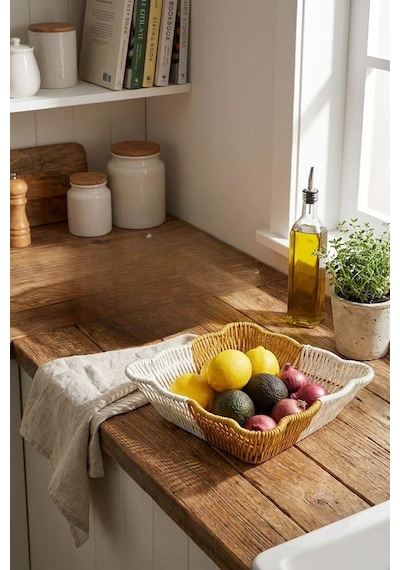Ayrex Buffer Kare Dalgalı Çift Renkli Plastik Rattan Sepet, Ekmek Ve Meyve Sepeti, 25x25x8 Cm, Yıkanabilir, İç İç Diğer