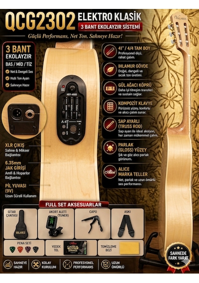 Valares Qcg2302c Elektro Klasik Gitar 39 İnç 4/4 Kesik Kasa 4 Bant Ekolayzerli Sahne Ve Amfi Uyumlu Çift Renk