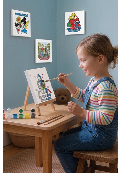Anneler Günü Kutlu Olsun Yazılı Eğitici Boyama Tuvali Şövaleli Boya Seti 20x20 Cm