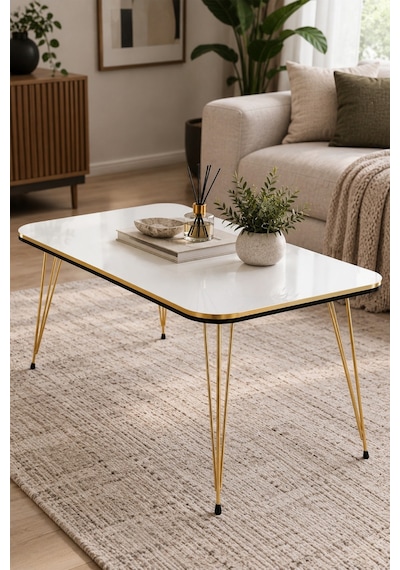 Sulorahome Gold Beyaz Orta Sehpa Tel Ayaklı Model Altın - Beyaz