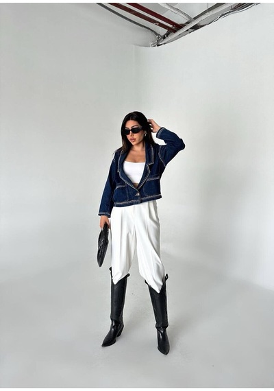 Zdnjeans Kadın Droplu Detaylı Denim Ceket Blazer Yaka, Cep Detaylı Koyu Mavi