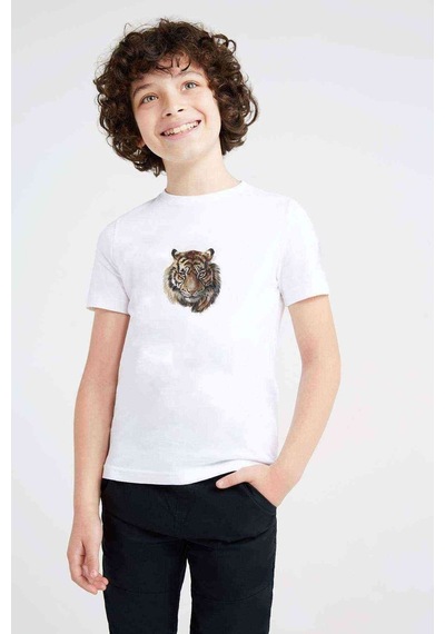Kırmızı Ve Turuncu Kaplan Baskılı Unisex Çocuk Beyaz T-Shirt