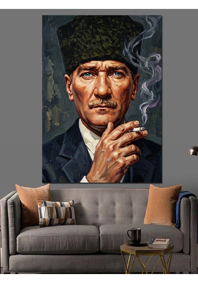 Kalpaklı Ve Sigara İçen Atatürk Dekoratif Kanvas - Mdf Ahşap Tablo