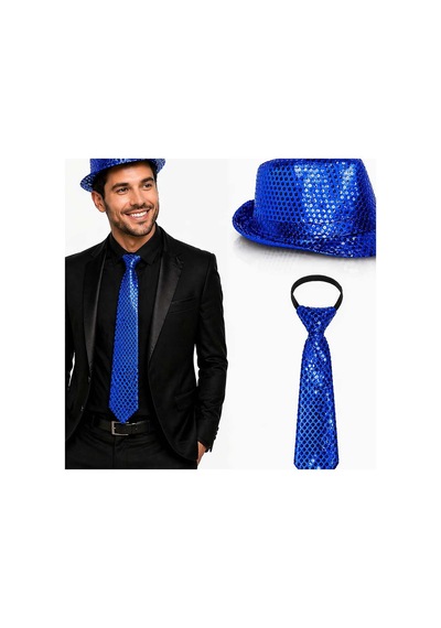 Mavi Payetli Şapka Ve Kravat Seti Işıltılı Parti Kombini Evimdeyokyok Yetişkin