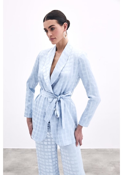 Sateen Kare Desenli Kuşaklı Ceket - Bebe Mavi-135792 Bebe Mavi