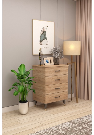 Asra Trend 4 Çekmeceli Şifonyer ŞF-01 %100 MDF Modern Yatak Odası Dolabı Sonoma