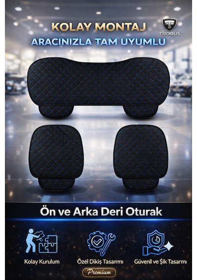 Peugeot Bipper 2008-2017 Uyumlu 3 Parça Deri Oturak Minder Siyah - Mavi