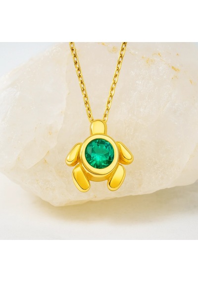 14 Ayar Altın Yeşil Zümrüt Taşlı Kaplumbağa Kolye Altın