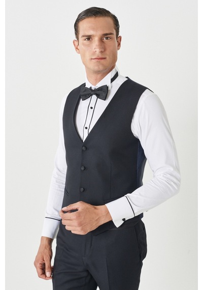 Ac&Co / Altınyıldız Classics Slim Fit Dar Kesim Kırlangıç Yaka Desenli Yelekli Smokin Takım Lacivert