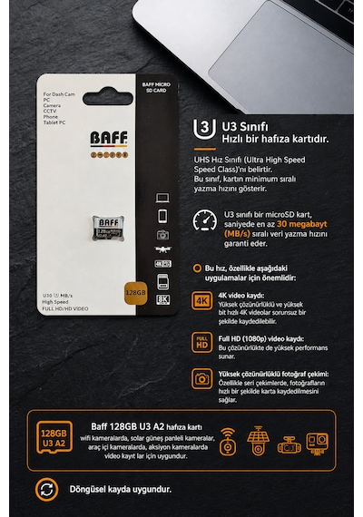 Baff 128 Gb Micro Sd Kart U3 A2 4k Ultra Hd Destekli Yüksek Hızlı Hafıza Kartı Güvenlik Kamerası & Araç Kamerası Uyumlu