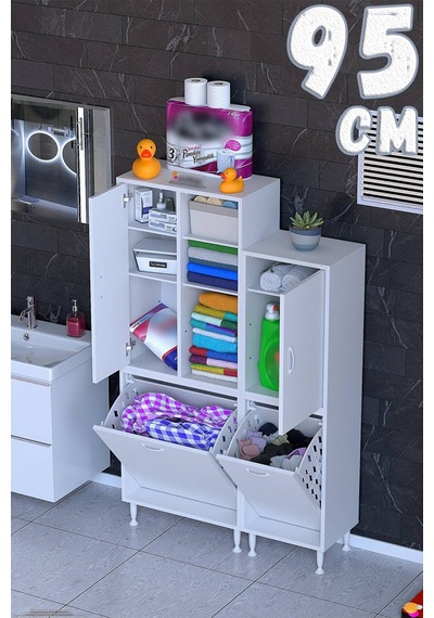 Sıla 95 Cm Modüler Dolap Çift Sepetli Dolap Banyo Ve Kiler Dolabı Beyaz 60+35 X160x32,5 Cm