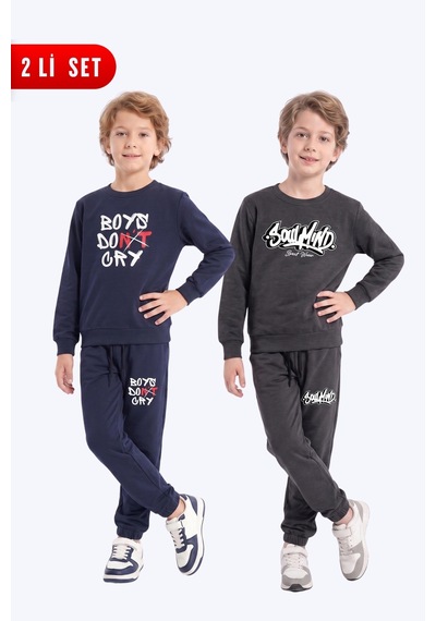 Fyk Kids 2'li Erkek Çocuk Baskılı Bisiklet Yaka Çift Cepli Eşofman Takımı Lacivert-füme Fyk Kids 2'li Erkek Çocuk Baskılı Bisiklet Yaka Çift Cepli Eşofman Takımı Lacivert-füme