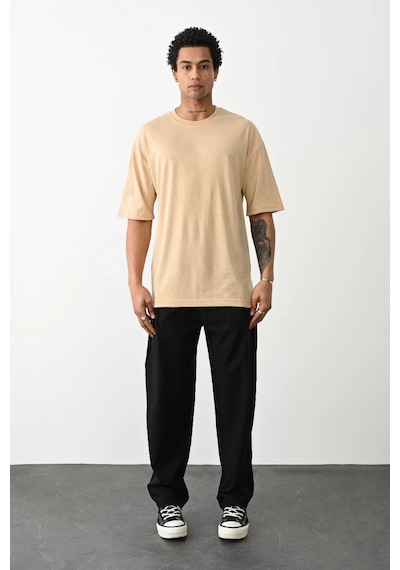 Barlashive Erkek Tişört Düz Basic Penye Yazlık Bisiklet Yaka Kısa Kol T-shirt - Bej Çok Renkli
