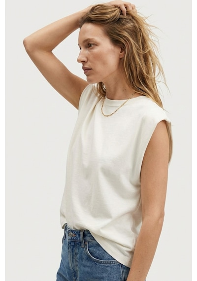 Elemge %100 Pamuk Süprem Tok Kumaş Kadın Oversize Ekru T-shirt Geniş Omuzlu Dökümlü Kolsuz Bol Kalıp