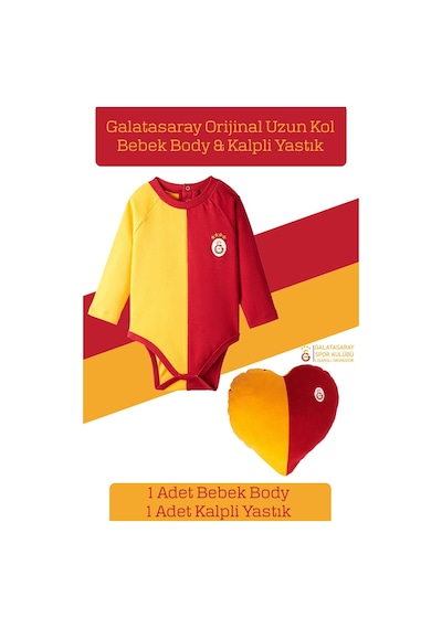 Galatasaray Lisanslı Uzun Kol Bebek Body Zıbın & Sarı Kırmızı Kalpli Yastık Set Kırmızı