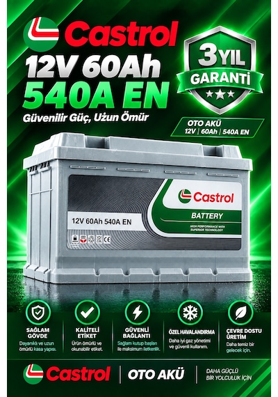 Castrol 12v 60 Ah Amper 540a En Akü L2 Kasa Bakım Gerektirmez Üretim Yılı: 2026