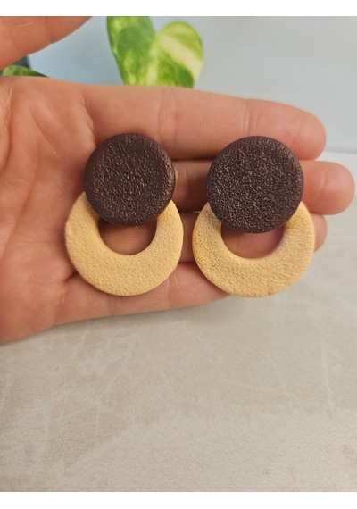 El Yapımı Polimer Kil Küpe - Paslanmaz Çelik Aparatlı Kum Dokulu Kahverengi Ve Bej Halka Sallantılı Küpe Sandy Loop Kahverengi - Sarı