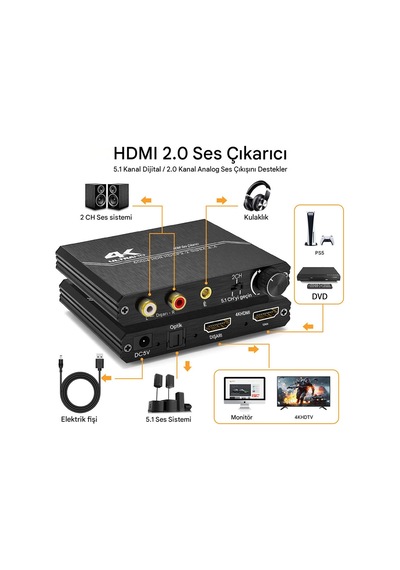 Hdmı 2.0 4k 60hz 4k Ses Çıkarıcı Optik Toslink Spdıf 5.1ch R/l Hdmi Hdr Destekli