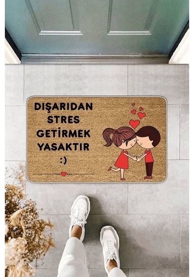 Bej Stres Getirmek Yasak Mutlu Çift Kapı Önü Paspası Kp02n11