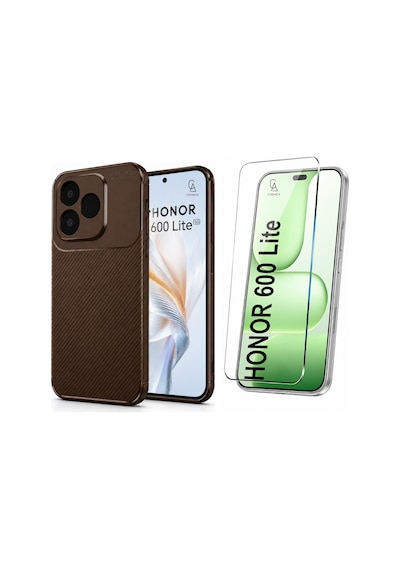 Honor 600 Lite Uyumlu Karbon Tasarım Silikon Telefon Kılıfı Ve Temperli Cam Ekran Koruyucu Kahverengi