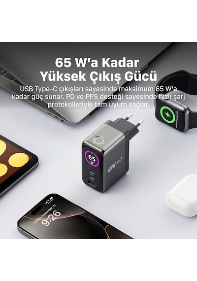 Xenon Smart Hızlı Şarj Adaptörü 65w, Gan, 2x Usb-c Ve 1 Usb-a Çıkışlı, Pd Pps, Dijital Güç Ekranlı X6414